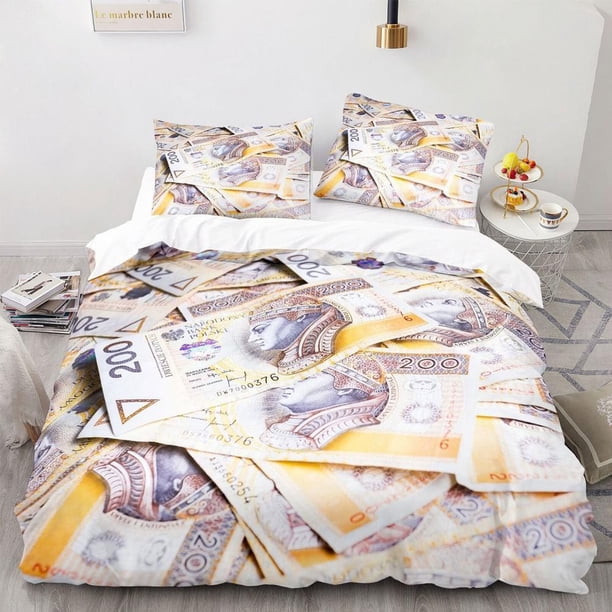 Money Zloty Cash Banknote Print Quilt Duvet Cover Set Bed Linen Super 3-Piece Bedding Set