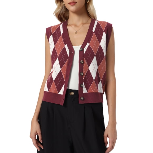 INSPIRE CHIC Top de Chaleco de Suéter para Mujer sin Mangas con Cuello en V, Rombos, Botones, Cárdigan Casual S Burdeos