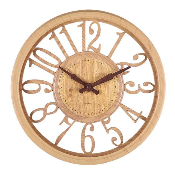 Reloj grande de plástico, silencioso, funciona con pilas, vintage, con números arábigos huecos, redondo, moderno, para decoración de sala de estar. , Madera natural