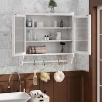 M&Ms - 24.8""Glass Door Vintage Double Door Wall Cabinet With Three Tiers Of Storage With Towel Rack, For Bathroom, Kitchen,Dining Room, White Washed