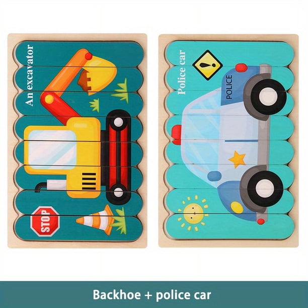 Creative Wooden Strip Puzzle, Children's Early Education Puzzle Cartoon Animal Story Traffic Fruit Double-sided Puzzle Board Toys