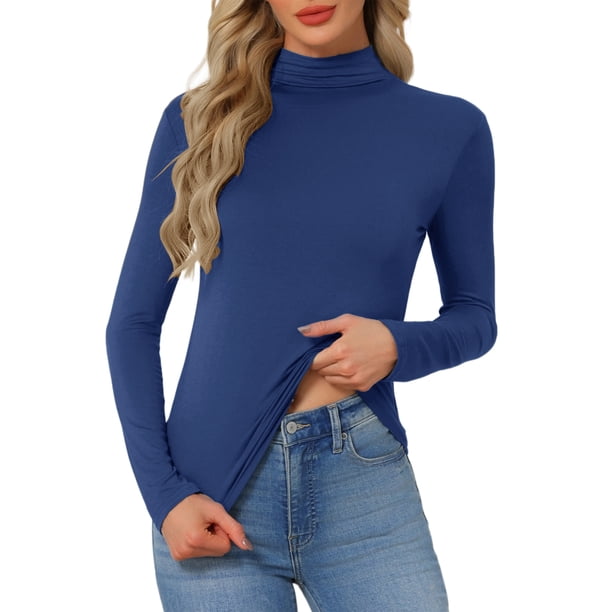 INSPIRE CHIC Camiseta de Mujer de Cuello Alto de Manga Larga, Viscosa Suave, Ajuste Ceñido, Básica, Elástica, para Capas, Pequeña, Azul Denim