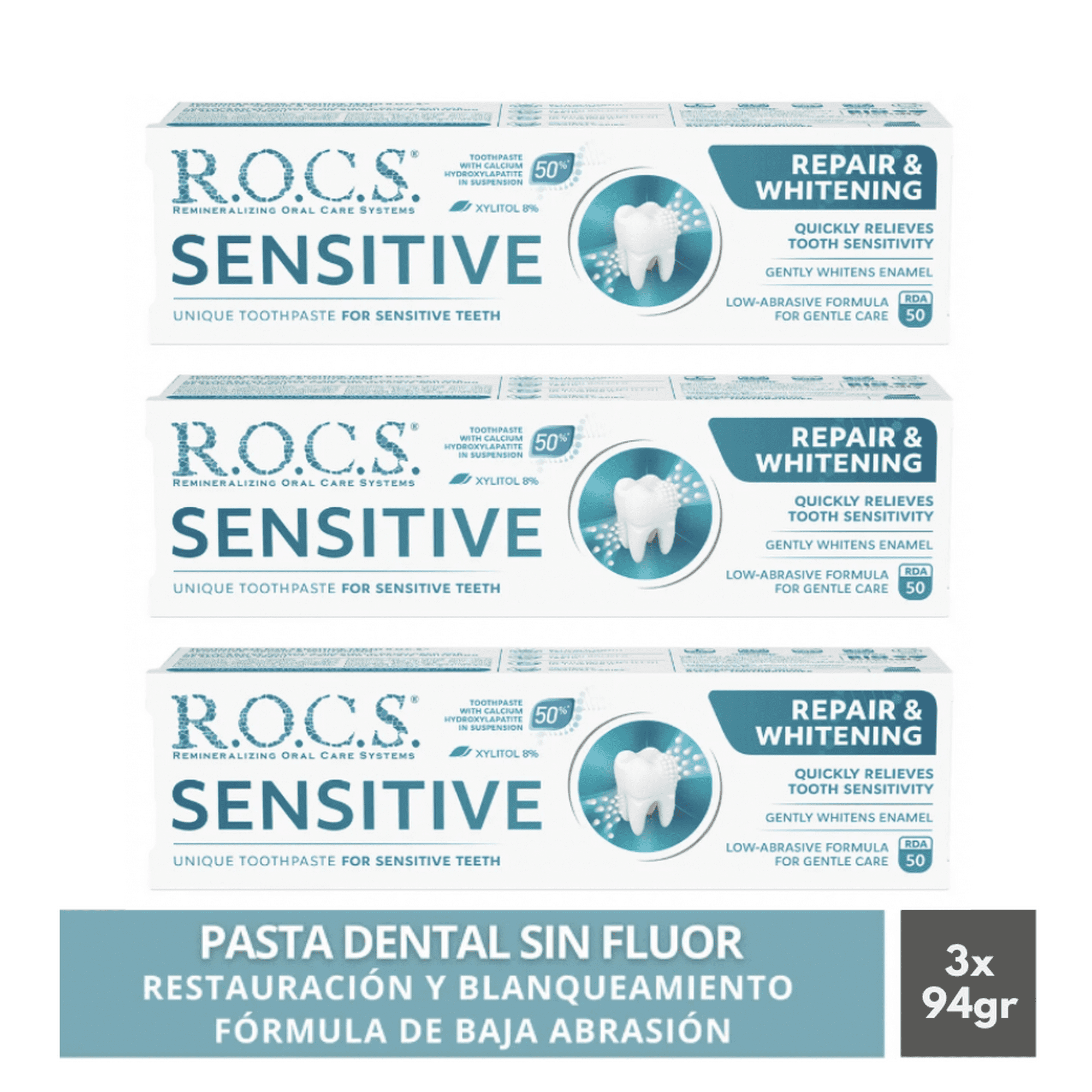 Pack 3 Pasta Dental Blanqueadora Rocs Sensitive 94g Sin Fluor