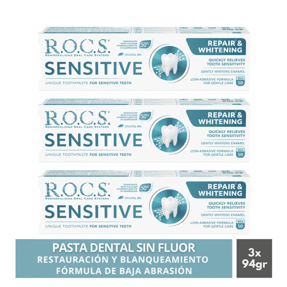 Pack 3 Pasta Dental Blanqueadora Rocs Sensitive 94g Sin Fluor