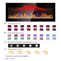 M&Ms - 42 Inch Recessed Ultra Thin Tempered Glass Front Wall Mounted Electric Fireplace With Remote And Multi Color Flame & Emberbed, Led Light Heater