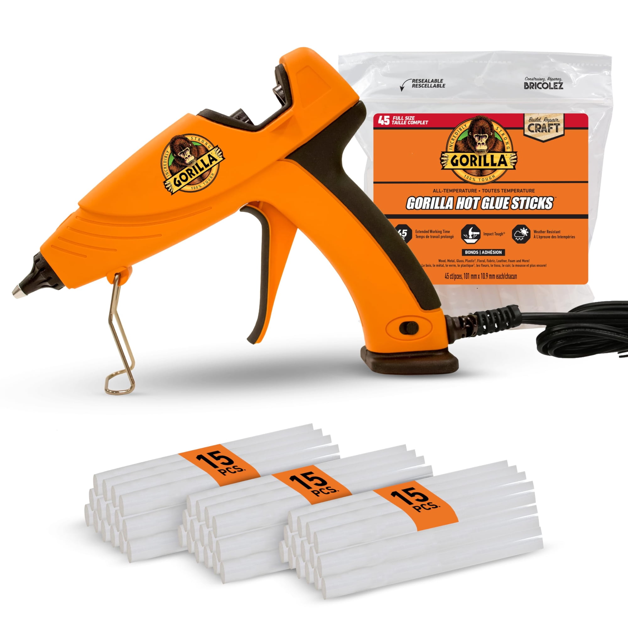 Kit De Pistola De Pegamento Caliente Gorilla Dual Temp Con 45 Barras De Tamaño Completo