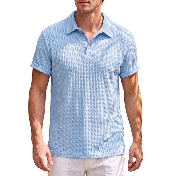 INSPIRE CHIC Camiseta Polo de Punto Texturizado para Hombre de Manga Corta Casual de Verano para Golf Talla M Azul Claro
