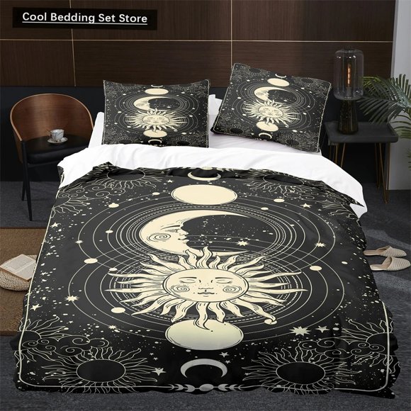 x2487 Bed SheetsSun Moon Duvet Cover Boho Magic Style Bedding Set for Teens Adults Golden Exotic Tribe Polyester Quilt Cover 3-Piece Bedding Set (1 Duvet Cover + 2 Pillow Shams) nj2487
