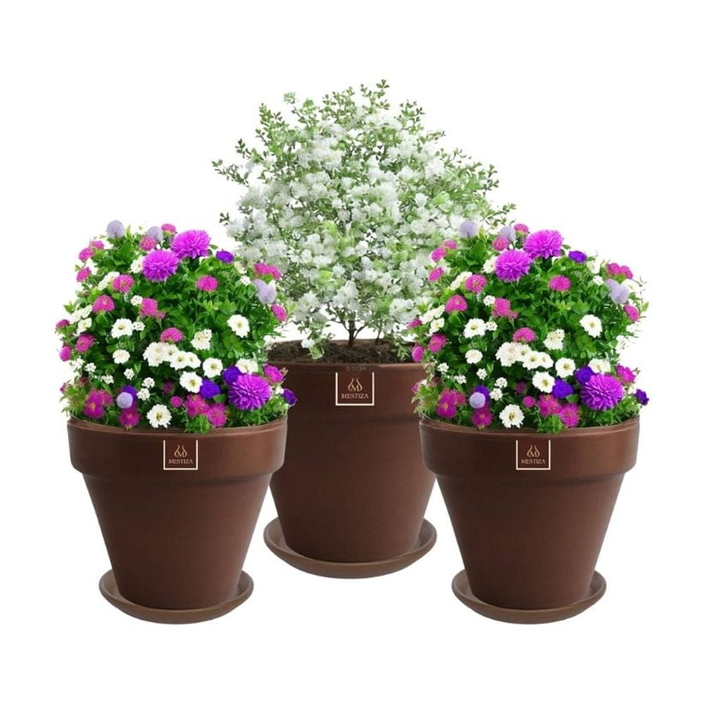 Mestiza - Set De 3 Maceta Kony 15cm Morena Natural Y Sus Platos