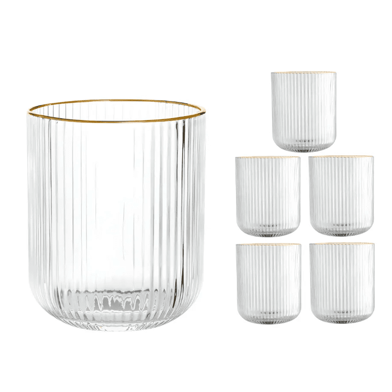 Wakeshome - Set 6 Vasos Vidrio Borde Dorado Vaso Whiskero Acanalado 250ml Transparente