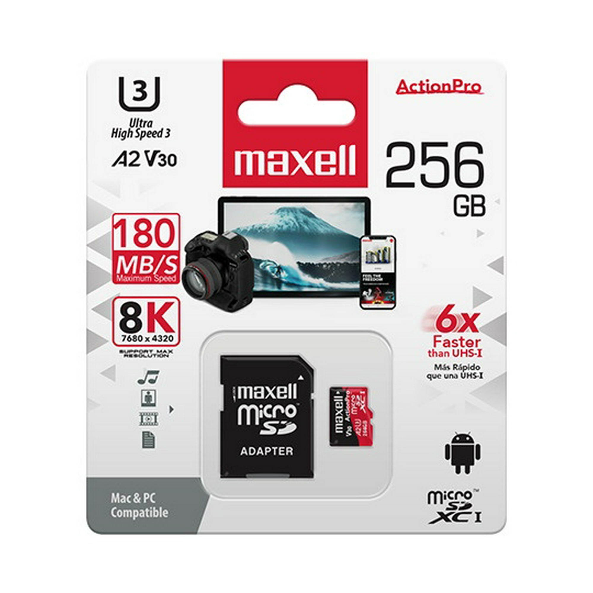 Tarjeta Microsd Maxell 256gb Uh-3 8k A2 180mb/s