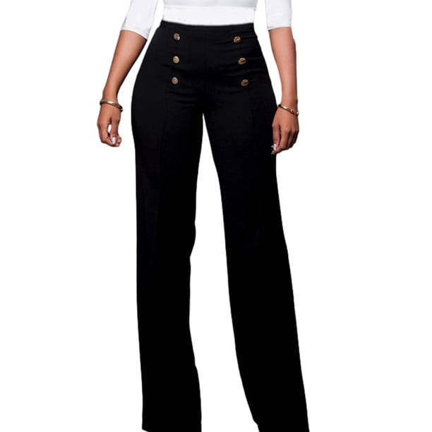 Pantalones de trabajo informales para mujer, de 6 botones, largos, de cintura alta y pierna recta.