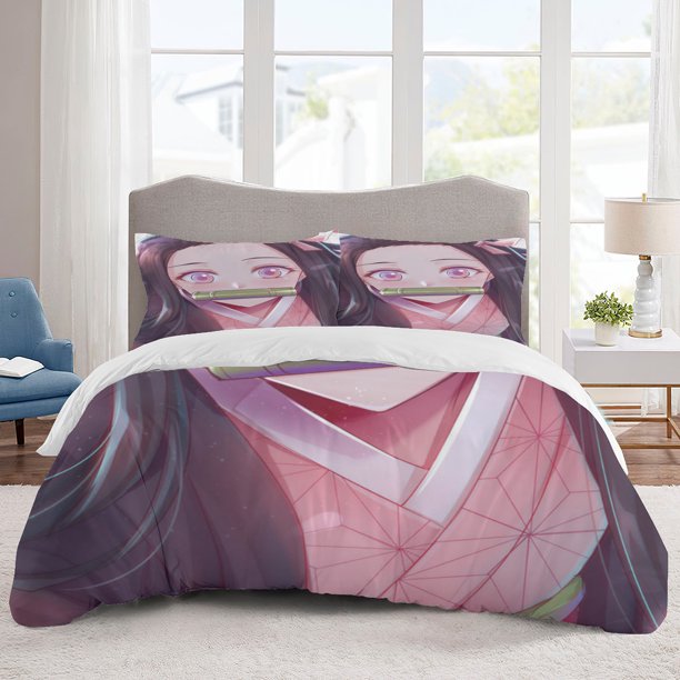 nezuko Bedding Sets Cartoon Duvet Cover Lightweight 3 Piece Bet Sets for Kids Boys Girls