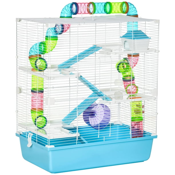 Jaula para hámster PawHut extra grande de 23 pulgadas con tubos y túneles, color azul