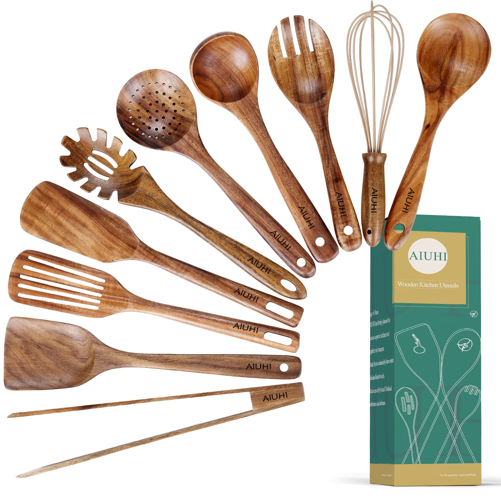 Aiuhi - Set De Utensilios De Cocina Con Espátula Y Cucharón De Madera De Teca Natural (10)