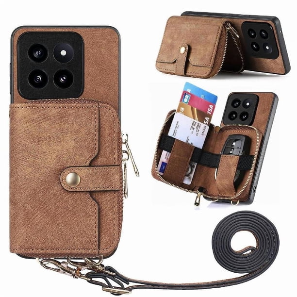 Funda Tipo Cartera con Correa Cruzada para Xiaomi 14 Pro Protección Contra Golpes Marrón
