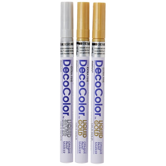 Marcador Marvy Uchida DecoColor punta extrafina plateado y dorado, paquete de 3