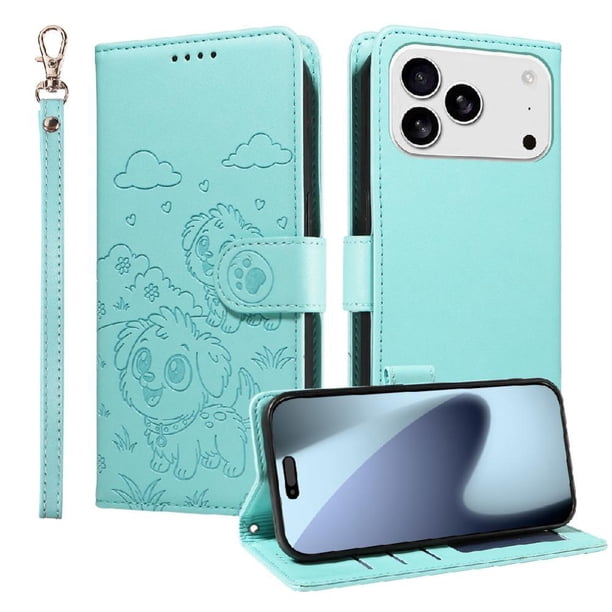 Funda Cartera para iPhone 17 Pro Perro Cachorro Grabado con Tarjetas Soporte Correa Verde