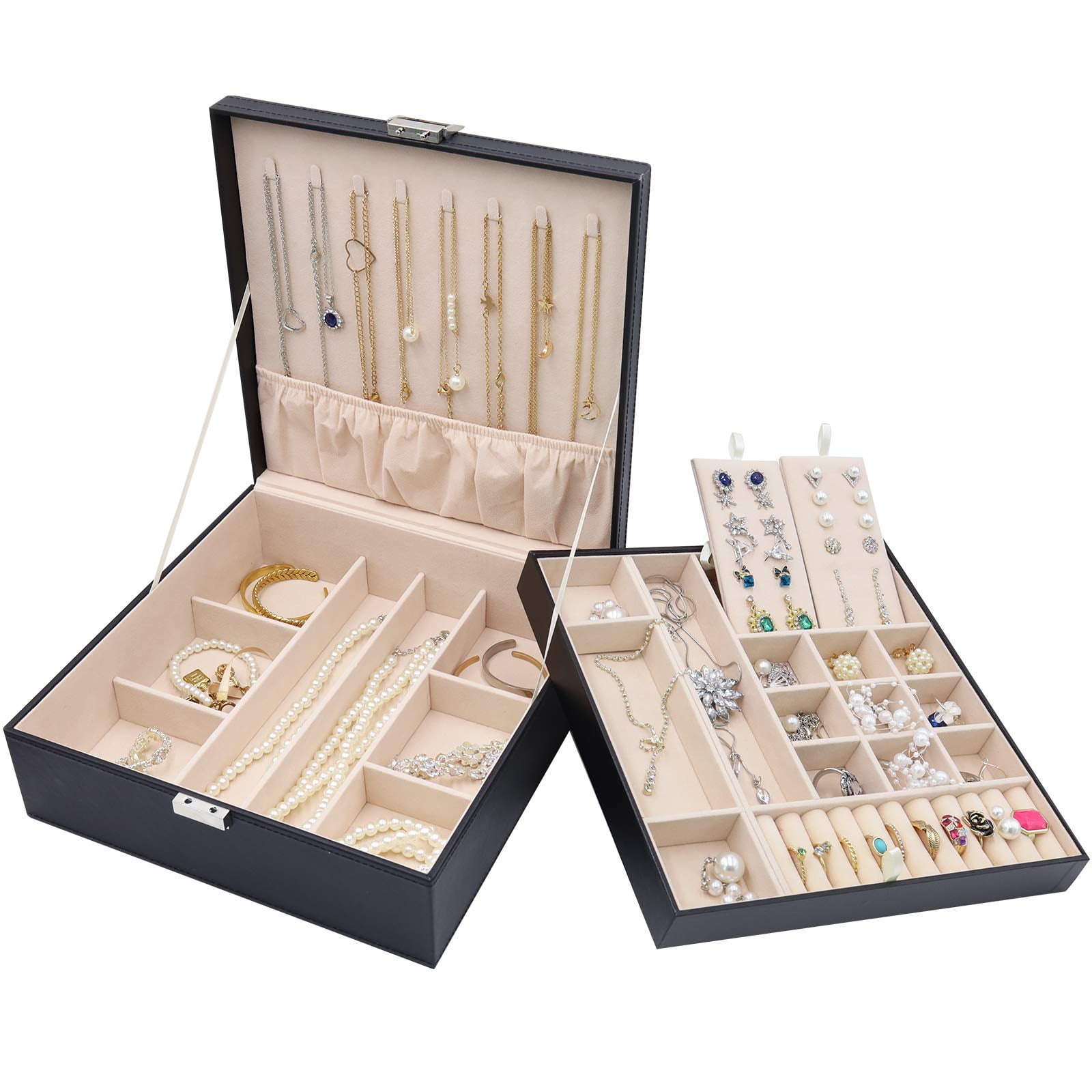 Jewelry Box Procase, Organizador Grande De Piel De 2 Capas, Color Negro