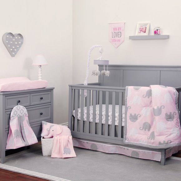 Set de edredón NoJo Dreamer con diseño de elefante rosa y gris, 8 piezas