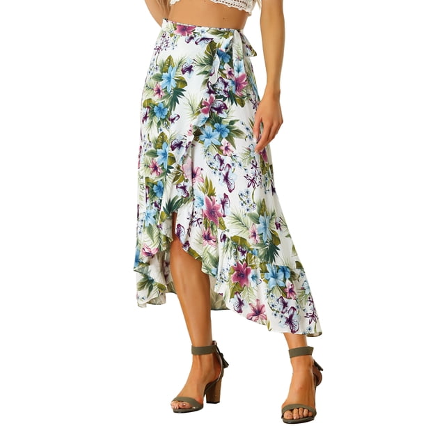 Falda de Mujer INSPIRE CHIC Estampado Floral Tropical Volante Nudo Autoadherente Abertura Playa Hawaiana Falda Cruzada Blanca M