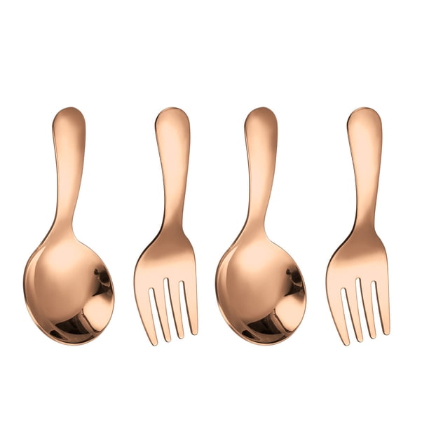 Cuchara de postre reutilizable de mango corto, tenedor, utensilios de cocina de acero inoxidable, cuchara pequeña para niños, 4 unidades