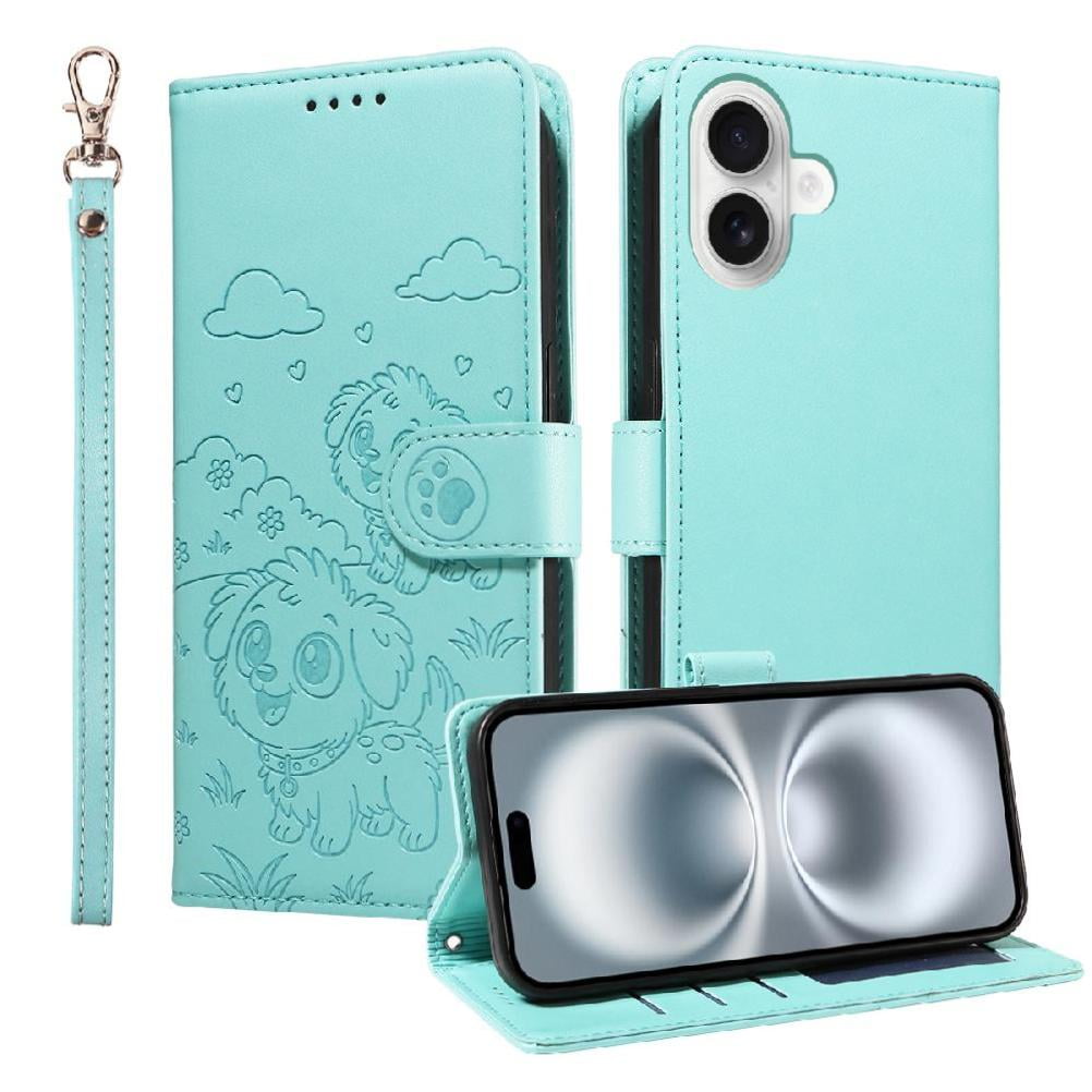 Foxdock - Funda Cartera Para Iphone 16 Plus Perro Cachorro Grabado Con Tarjetas Soporte Correa Verde