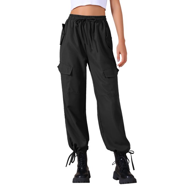 INSPIRE CHIC Pantalones de Mujer Cargo Ligeros de Cintura Alta con Cordón Elástico y Pierna Ancha con Bolsillos XL Negro