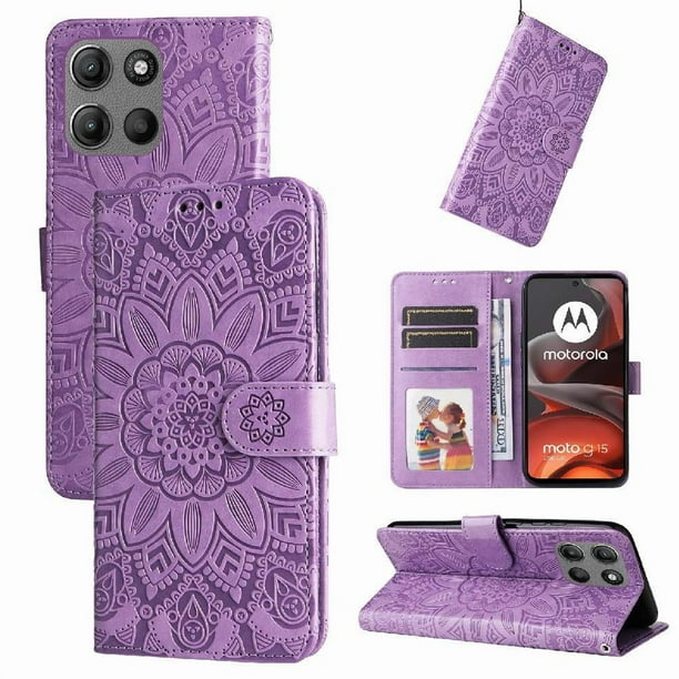 Funda tipo cartera FOXDOCK para Motorola Moto G15 Power , diseño girasol en relieve, cuero PU, cierre magnético, soporte y tarjetero
