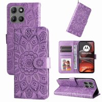 Funda Tipo Cartera Foxdock Para Motorola Moto G15 Power , Diseño Girasol En Relieve, Cuero Pu, Cierre Magnético, Soporte Y Tarjetero