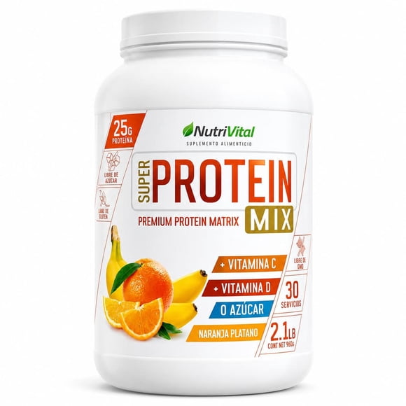 Proteína Super Protein Mix sabor Naranja Platano Nutrivital 2 lb 30 porciones con Vitamina C y D