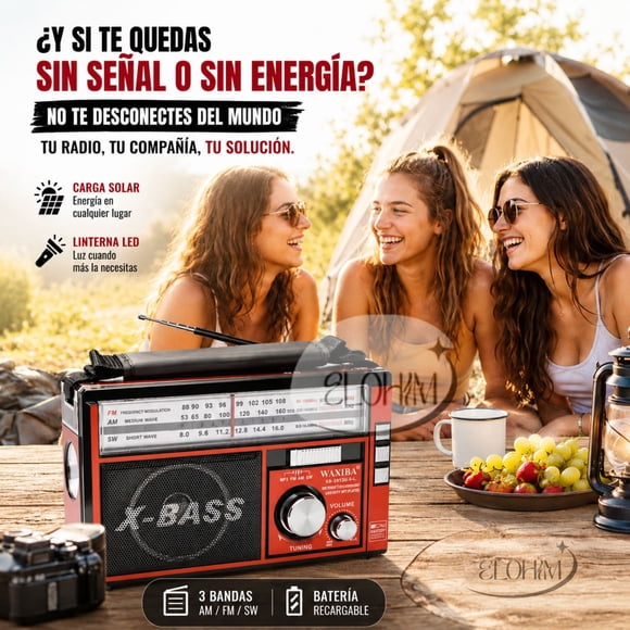 Radio FM-AM Portátil, con Cargador Solar y Linterna + Batería Recargable / Multicolor