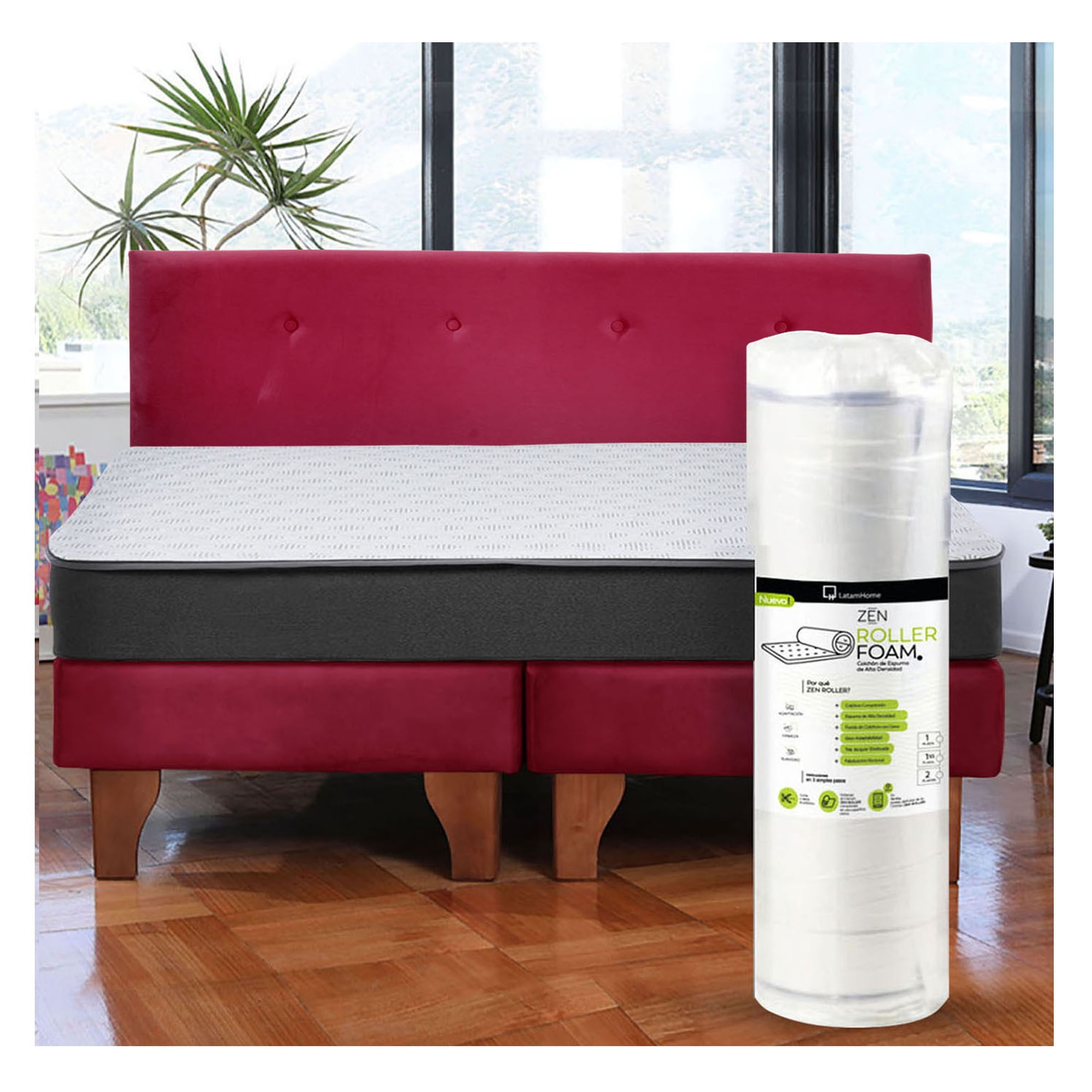 Latam Home - Cama Europea Zen Roller 2 Plazas Colchon Comprimido Espuma + Respaldo Tela Burdeo