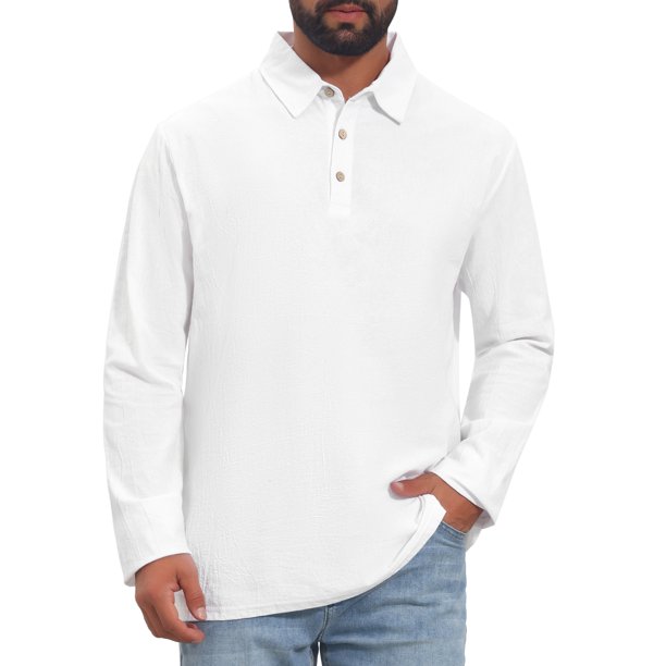 INSPIRE CHIC Camisa Polo de Lino para Hombre de Manga Larga Casual Ligera y Transpirable con Botones para Golf M Blanco