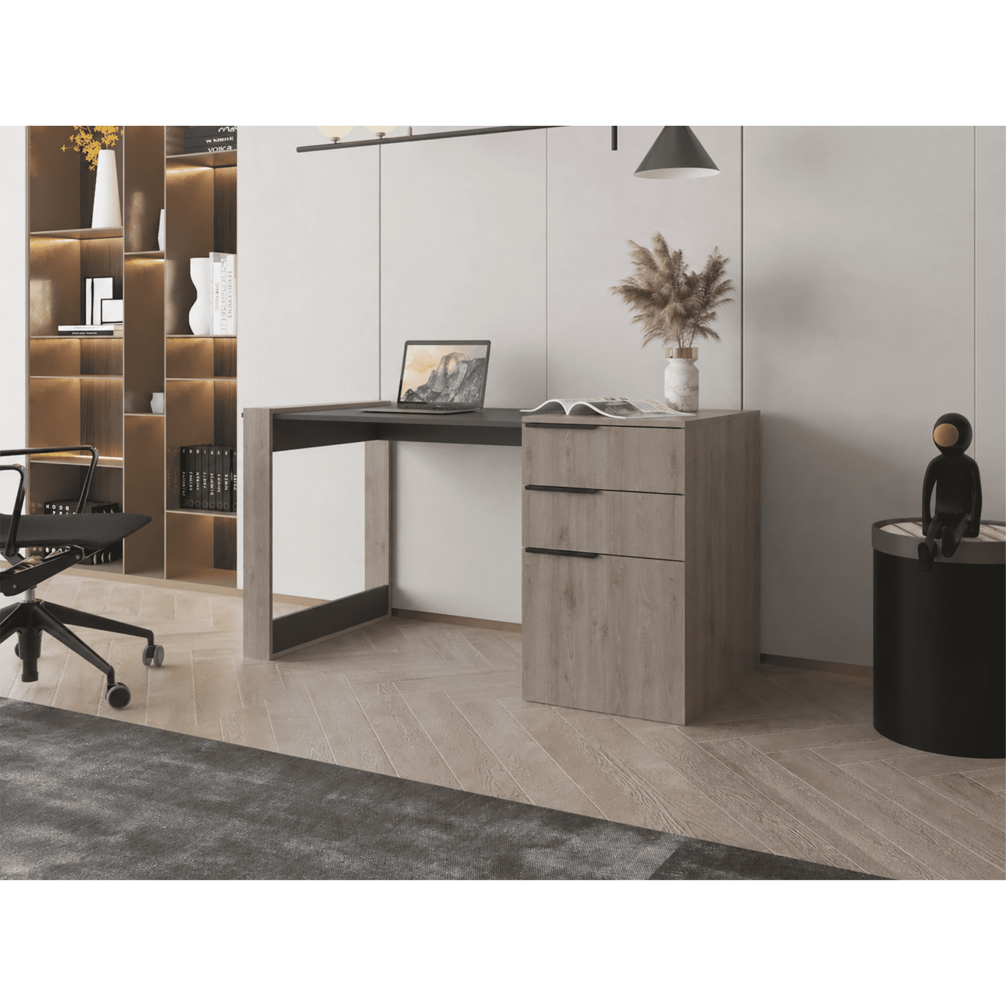 Tuhome - Escritorio Recto 2 Cajones 1 Puerta Office 75,7x142x64,5 Cm Ceniza Y Plomo