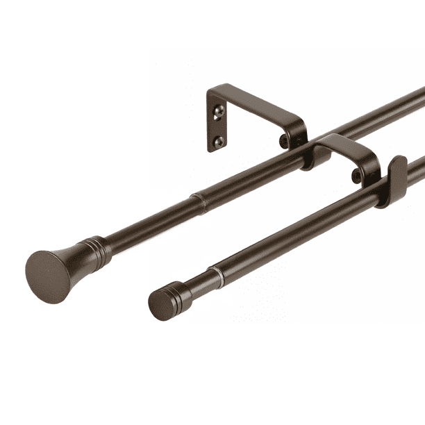 Set Doble De Barras Para Cortina Extensible 75-110 Cm De Metal Diámetro 16/19 Mm Soporte De Muro Terminal Cónico Color Café