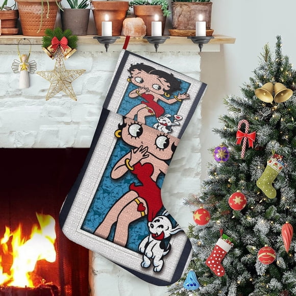 Betty Boop (2) Tema: Calcetines de Navidad, fino lino blanco para colgar en escaleras y chimenea, decoración navideña para el hogar, regalo de Navidad. 54cm × 38cm