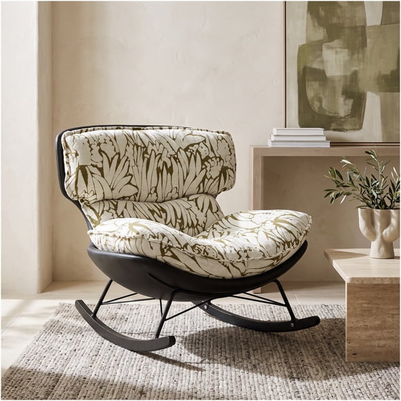 Sillón Olivia Mecedor Jacquard Botánico 2 Rieles Metálicos Verde Floreado