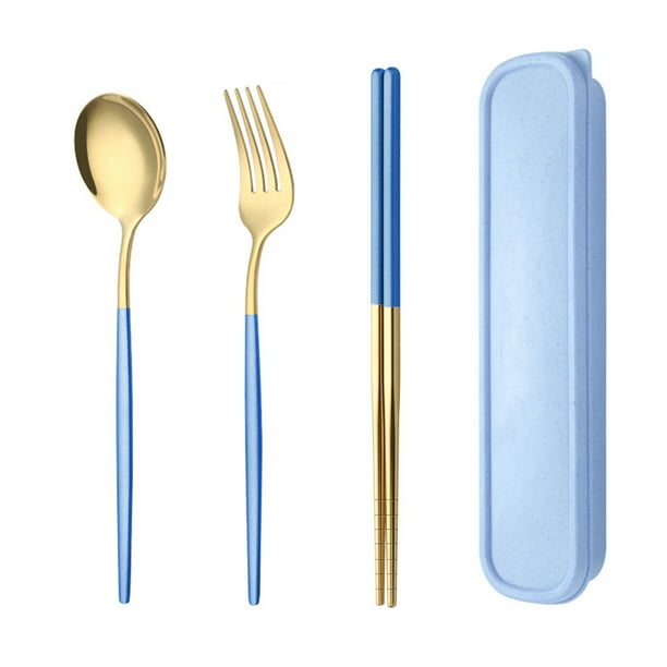 Juego de cubiertos portátiles de 3 piezas, palillos, tenedor y cuchara con estuche de viaje