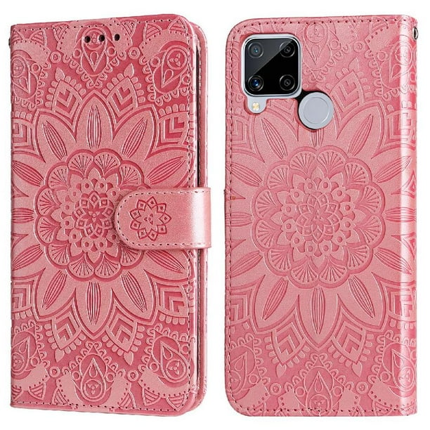 Funda tipo cartera FOXDOCK para Realme C12 , diseño girasol en relieve, cuero PU, cierre magnético, soporte y tarjetero