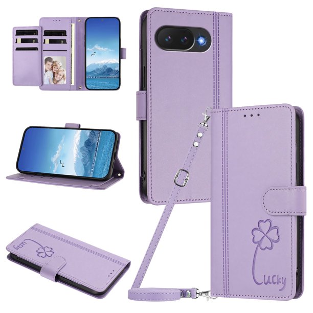 Funda Cartera Trébol para Google Pixel 10a con Ranuras Tarjetas y Carga Inalámbrica Morado claro
