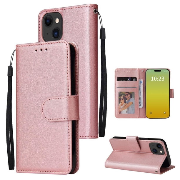 Funda Cartera para iPhone 15 con Tarjetero, Soporte y Cordón - Protección Oro rosa