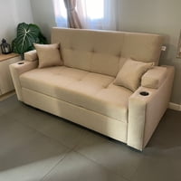 Camila Home - Sofá Cama Royal 2 Plazas Lino Beige Con Puffs Y Respaldo Reclinable