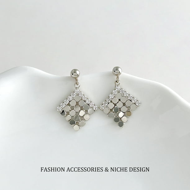 Diamond Shape CZ Geometric Metal Stud Earrings for Women, Light Luxury Elegant Jewelry