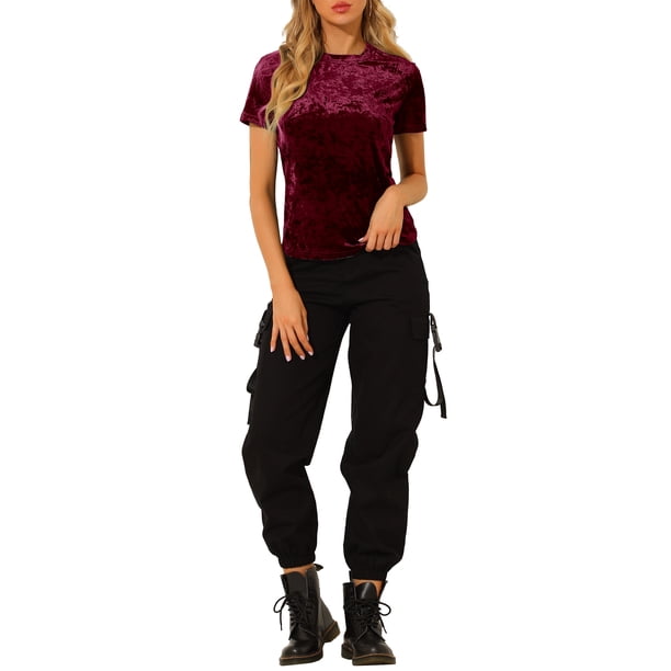 INSPIRE CHIC Top de Fiesta de Terciopelo para Mujer Cuello Redondo Mangas Cortas Camiseta Casual M Burdeos