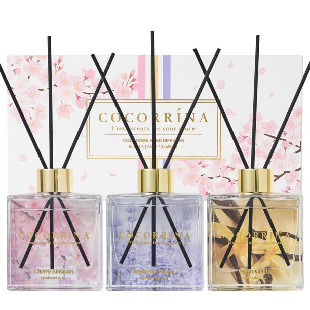Difusor de Varillas COCORRÍNA 90 ml Pack de 3 – Vainilla, Flor de Cerezo y Tomillo con Lavanda