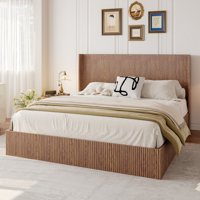 M&Ms - Large Grooved Undulating Lift Storage Bed Frame, Wooden Platform Bed Frame With Lift Storage, No Spring Box Required/No Noise, Rustic Brown Slatted Natural Wood( King)
