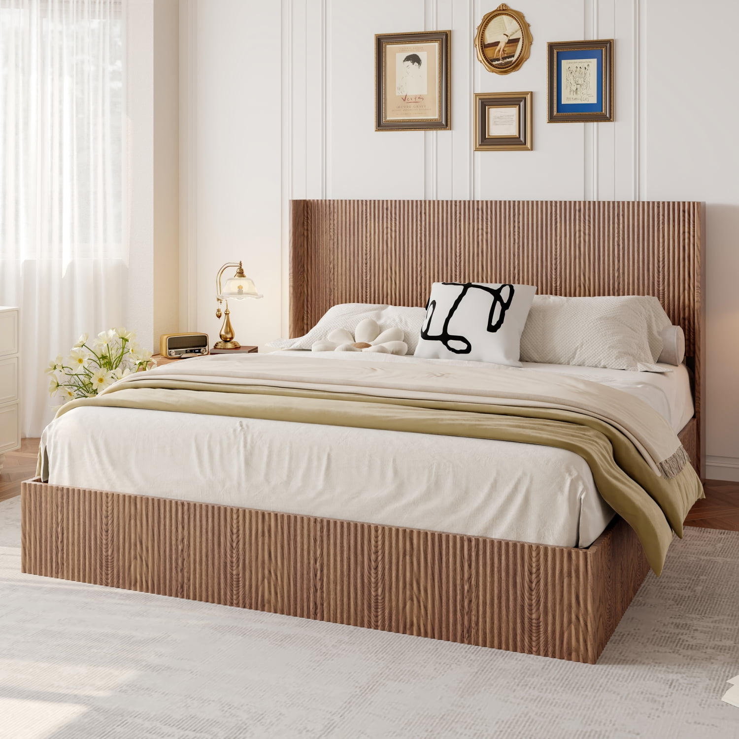 M&ms - Large Grooved Undulating Lift Storage Bed Frame, Wooden Platform Bed Frame With Lift Storage, No Spring Box Required/no Noise, Rustic Brown Slatted Natural Wood( King)