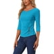 thumbnail image 4 of INSPIRE CHIC Blusa Fruncida para Mujer de Regreso a Clases con Botones Decorativos Cuello en V Manga 3/4 Top de Punto Sólido Azul Lago XS, 4 of 6