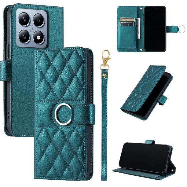 Funda Acolchada con Anilla y Correa para Xiaomi 14T Pro Slots para Tarjetas Verde